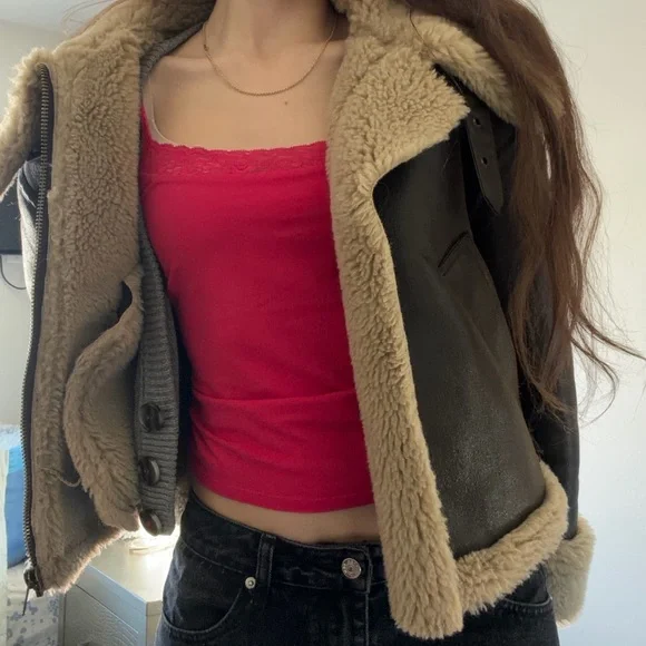 Zara Brown Leather Aviator Jacket with Cream Shearling Trim - Picture 3 of 4